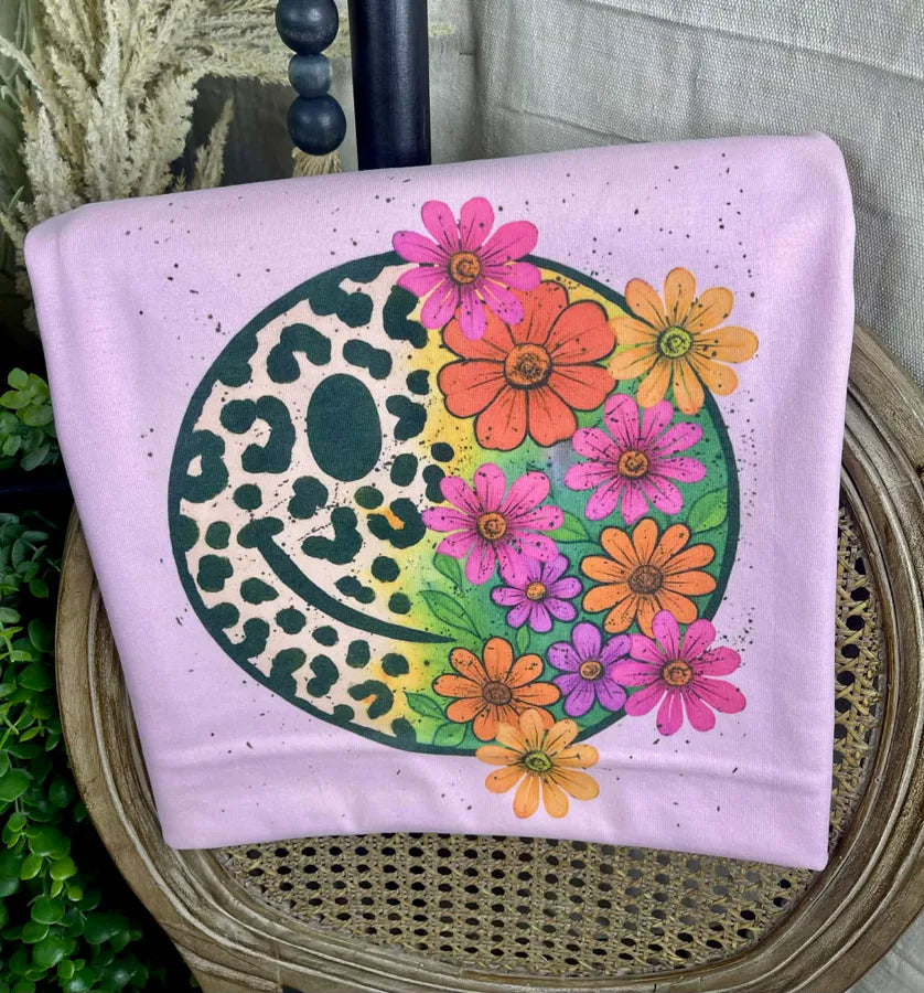 Leopard and Floral Smiley Face (Gildan Tee)